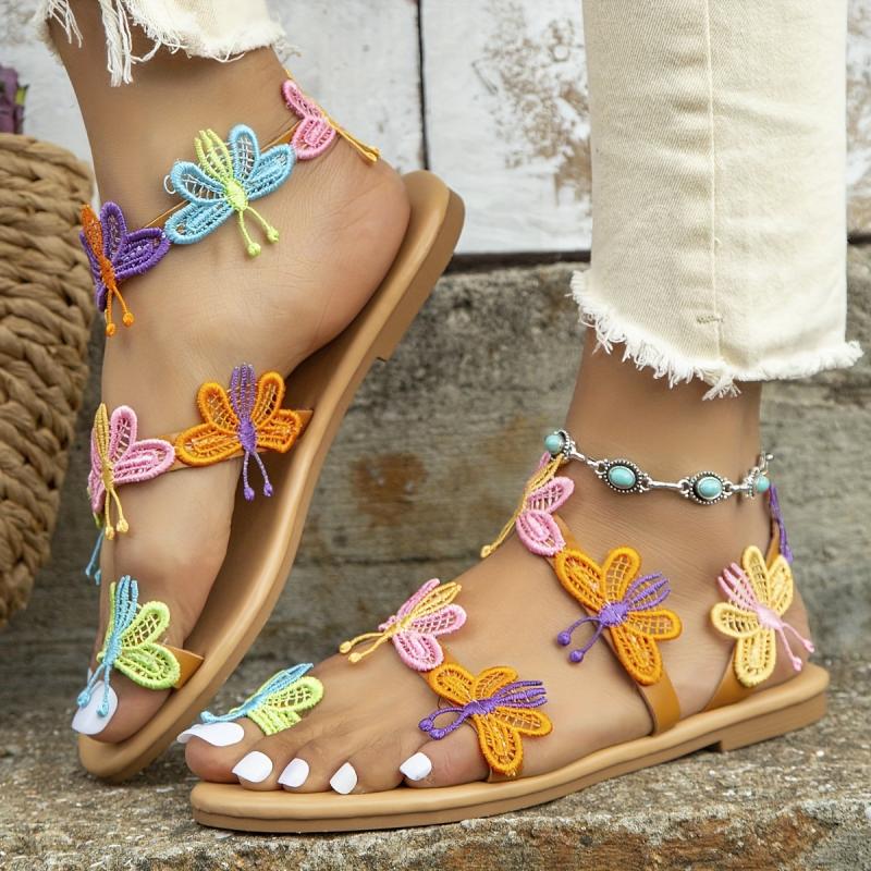 Boho Style Butterfly Sandals Toe Loop Slip On Shoes