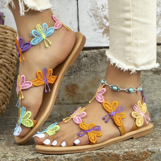 Boho Style Butterfly Sandals Toe Loop Slip On Shoes