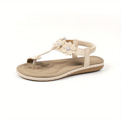 Women's Flower Toe Loop Sandals Elastic Strap Slip On Beach Shoes