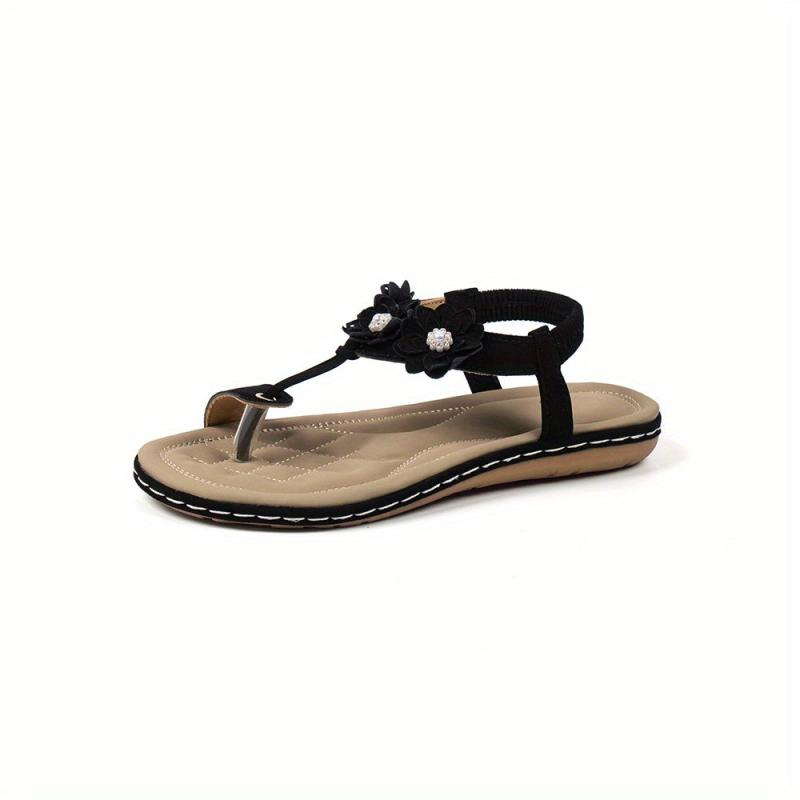 Women's Flower Toe Loop Sandals Elastic Strap Slip On Beach Shoes