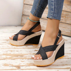 Women's Cross Strap Wedge Sandals, Denim Platform Beach Shoes