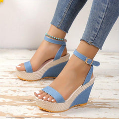 Women's Cross Strap Wedge Sandals, Denim Platform Beach Shoes