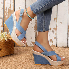 Women's Cross Strap Wedge Sandals, Denim Platform Beach Shoes