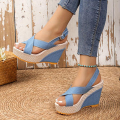 Women's Cross Strap Wedge Sandals, Denim Platform Beach Shoes