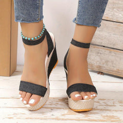 Women's Cross Strap Wedge Sandals, Denim Platform Beach Shoes