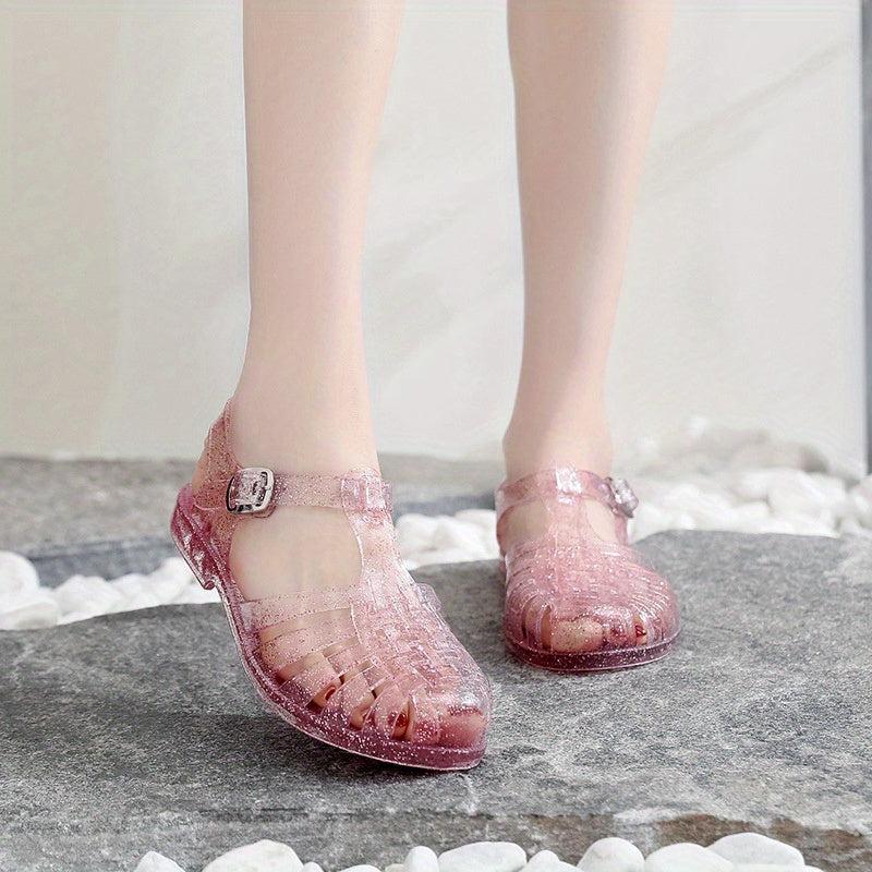 Crystal Jelly Shoes Round Toe Ankle Strap Hollow Out Sandals