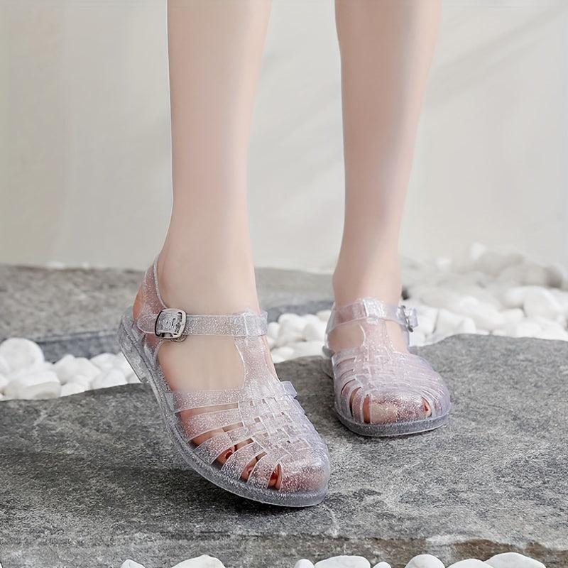 Crystal Jelly Shoes Round Toe Ankle Strap Hollow Out Sandals
