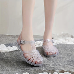 Crystal Jelly Shoes Round Toe Ankle Strap Hollow Out Sandals