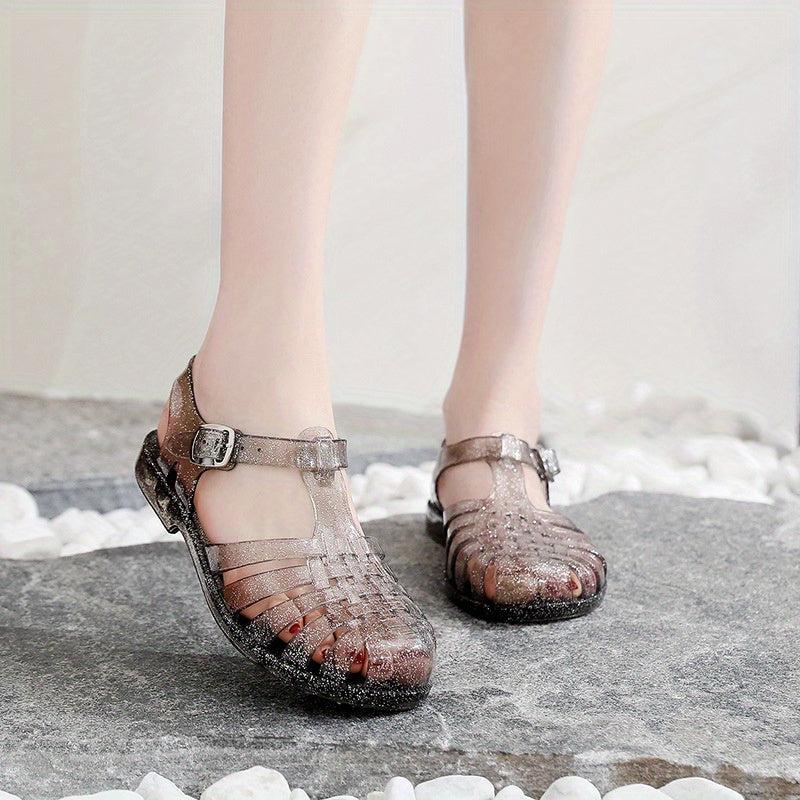 Crystal Jelly Shoes Round Toe Ankle Strap Hollow Out Sandals