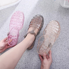 Crystal Jelly Shoes Round Toe Ankle Strap Hollow Out Sandals