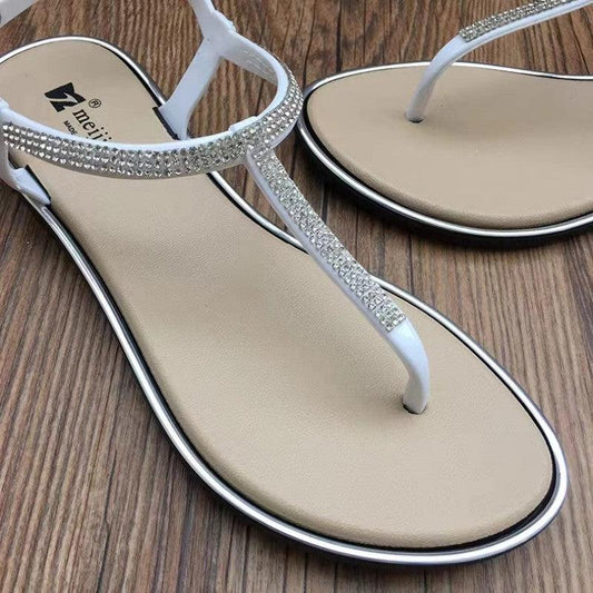 Rhinestone Flip Flops w/ Ankle Strap & Buckle Flat Sandals