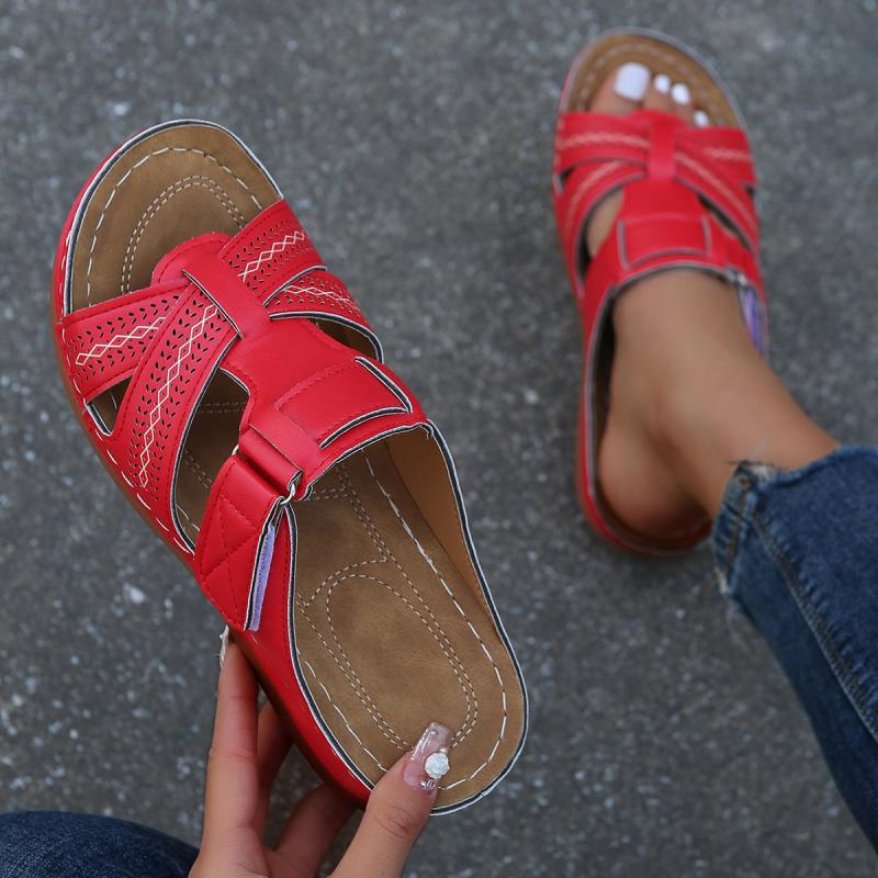 Retro Wedge Heeled Sandals Criss Cross Cut Out Hook And Loop Fastener Slippers