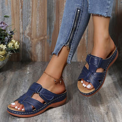 Retro Wedge Heeled Sandals Criss Cross Cut Out Hook And Loop Fastener Slippers