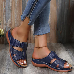 Retro Wedge Heeled Sandals Criss Cross Cut Out Hook And Loop Fastener Slippers
