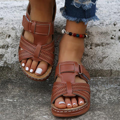 Retro Wedge Heeled Sandals Criss Cross Cut Out Hook And Loop Fastener Slippers