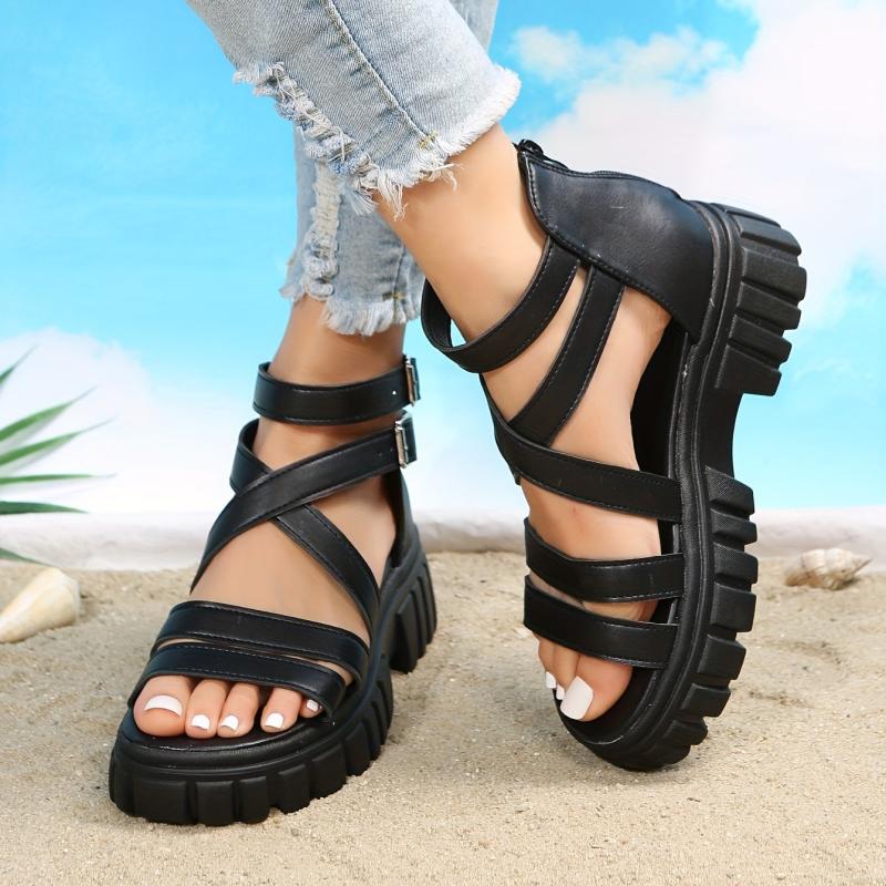 Women's Platform Sandals Cross Buckle Strap Zipper Shoes