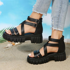 Women's Platform Sandals Cross Buckle Strap Zipper Shoes