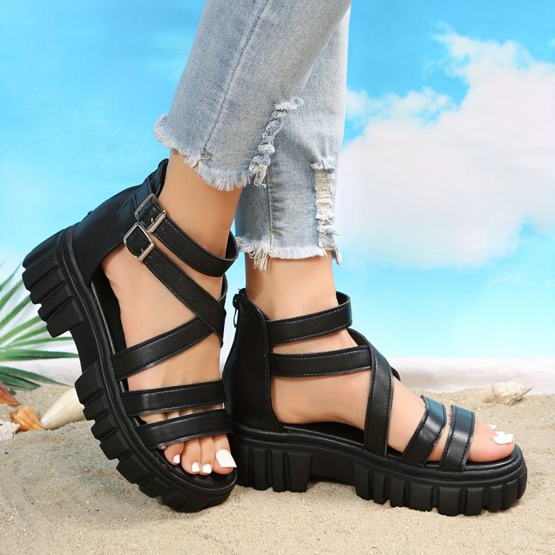 Women's Platform Sandals Cross Buckle Strap Zipper Shoes