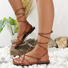 Women's Cross Strap Flat Sandals Lightweight Square Open Toe Lace Up Shoes