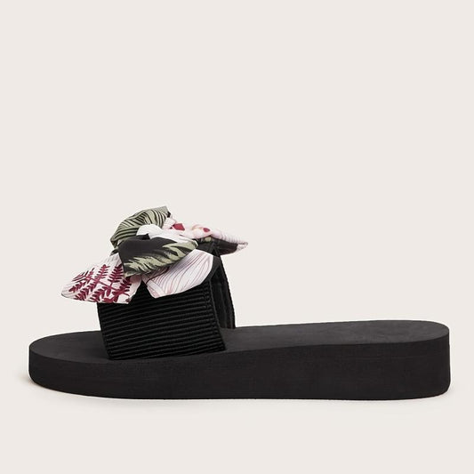 Floral & Leaf Print Slippers Platform Open Toe Bow Tie Comfy Slides