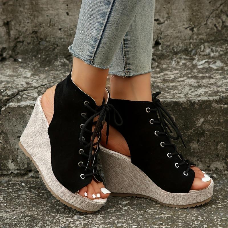 Women's Lace Up Platform Wedge Sandals Breathable Slingback Pumps