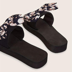 Women's Floral Print Bow Flat Slippers Arch Support Non Slip Beach Shoes