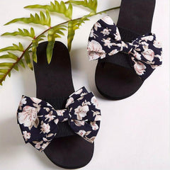 Women's Floral Print Bow Flat Slippers Arch Support Non Slip Beach Shoes