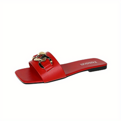Metal Chain Decor Flat Slippers Square Open Toe Non Slip Slides Shoes