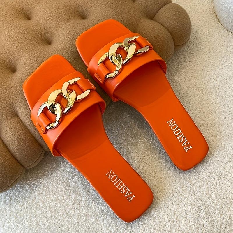 Metal Chain Decor Flat Slippers Square Open Toe Non Slip Slides Shoes