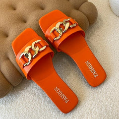 Metal Chain Decor Flat Slippers Square Open Toe Non Slip Slides Shoes