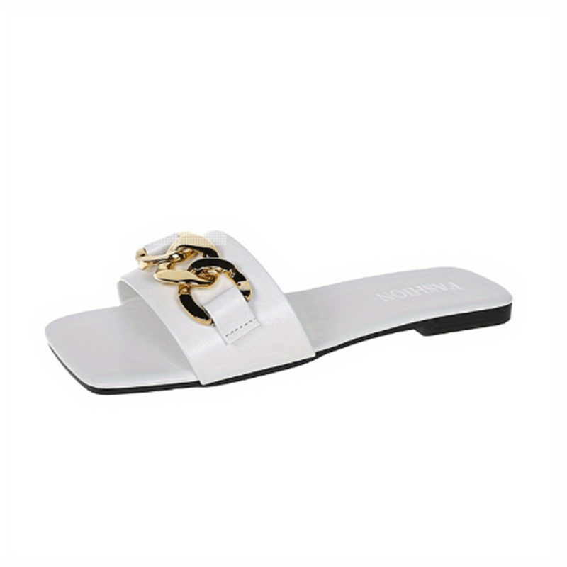 Metal Chain Decor Flat Slippers Square Open Toe Non Slip Slides Shoes