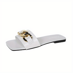 Metal Chain Decor Flat Slippers Square Open Toe Non Slip Slides Shoes