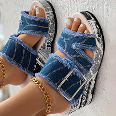 Women's Letter Print Denim Canvas Sandals Buckle Wedge Heel Shoes