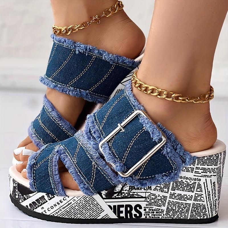 Women's Letter Print Denim Canvas Sandals Buckle Wedge Heel Shoes