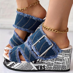 Women's Letter Print Denim Canvas Sandals Buckle Wedge Heel Shoes