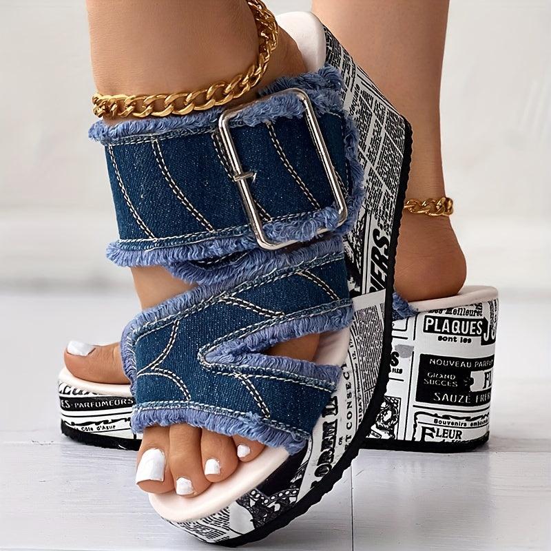 Women's Letter Print Denim Canvas Sandals Buckle Wedge Heel Shoes
