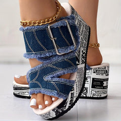 Women's Letter Print Denim Canvas Sandals Buckle Wedge Heel Shoes