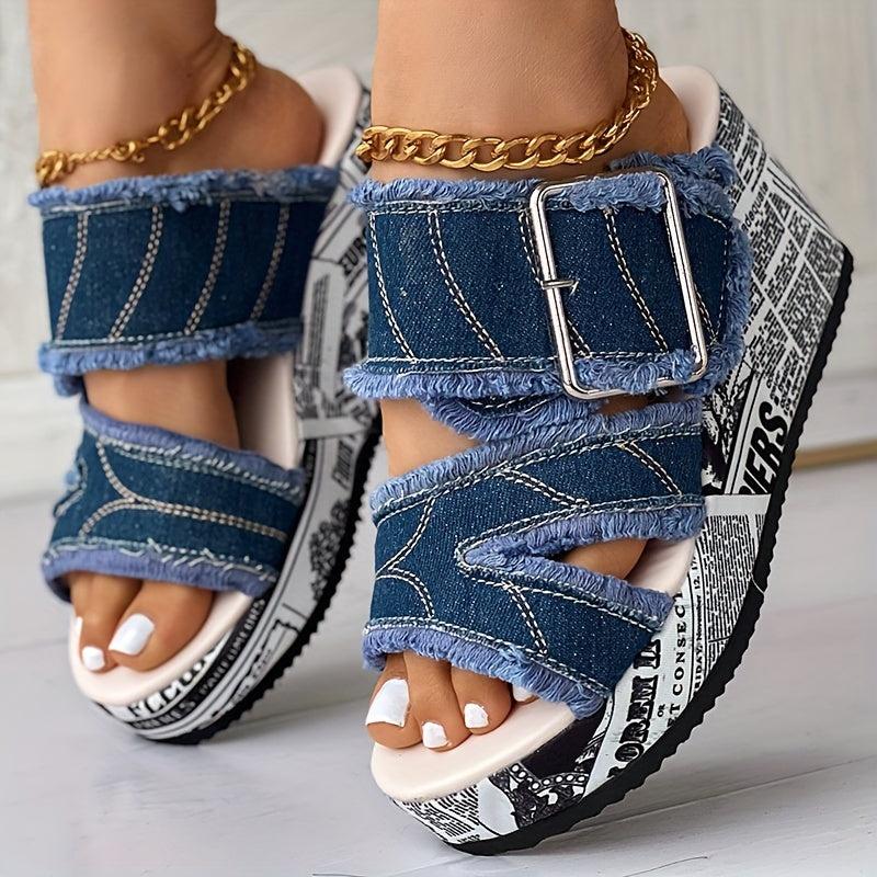 Women's Letter Print Denim Canvas Sandals Buckle Wedge Heel Shoes