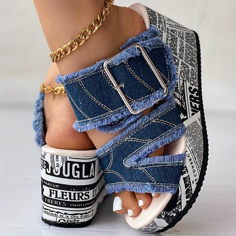 Women's Letter Print Denim Canvas Sandals Buckle Wedge Heel Shoes