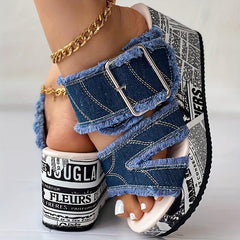 Women's Letter Print Denim Canvas Sandals Buckle Wedge Heel Shoes