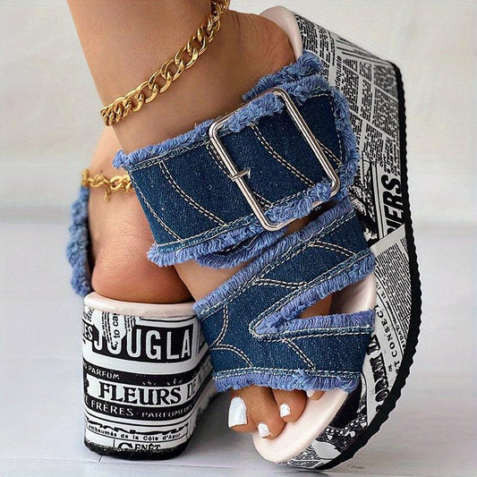 Women's Letter Print Denim Canvas Sandals Buckle Wedge Heel Shoes