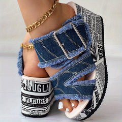 Women's Letter Print Denim Canvas Sandals Buckle Wedge Heel Shoes
