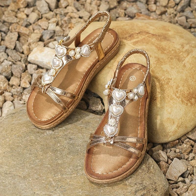 Women's Heart Faux Pearl Flat Sandals Elastic Strap Summer Vacation Shoes