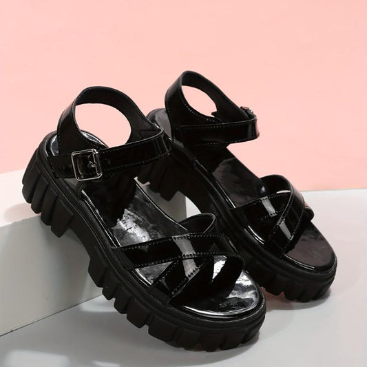 Women's Platform Sandals Cross Strap Open Toe Ankle Strap Patent Leather Shoes
