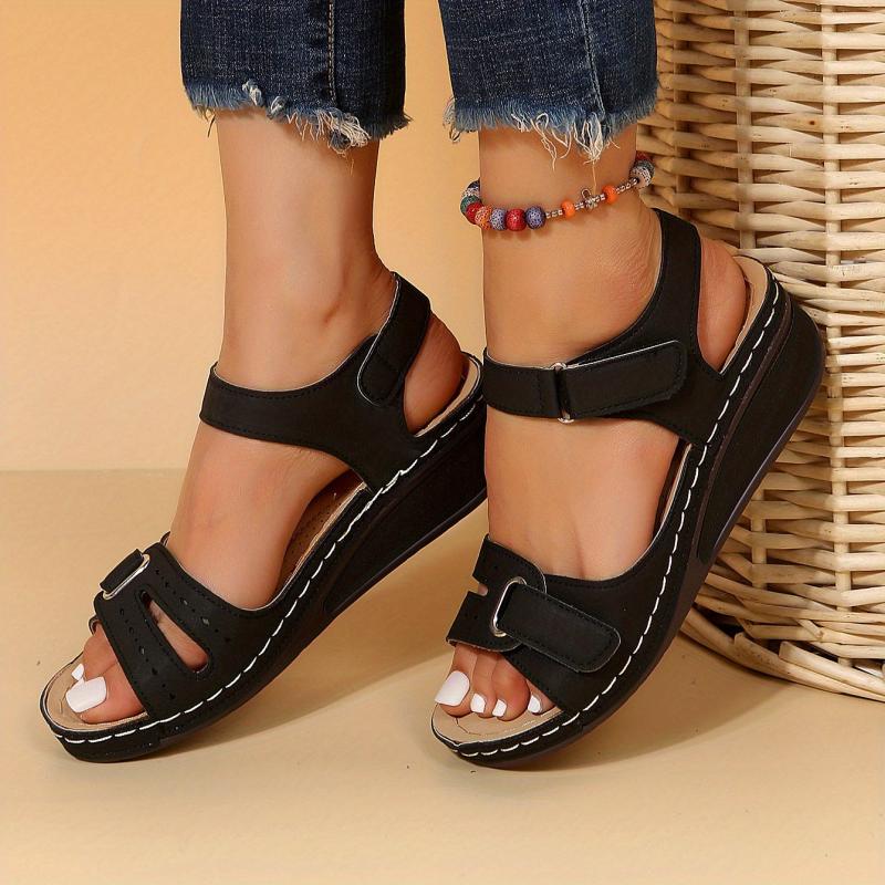 Women's Retro Wedge Sandals Open Toe Hook & Loop Strap Non Slip Shoes