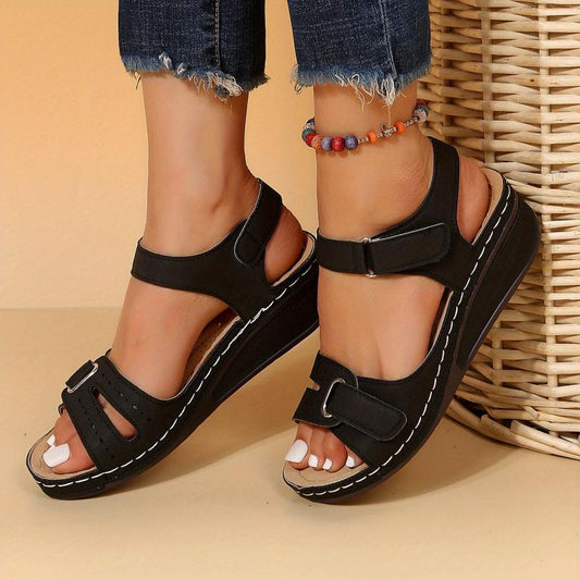 Women's Retro Wedge Sandals Open Toe Hook & Loop Strap Non Slip Shoes
