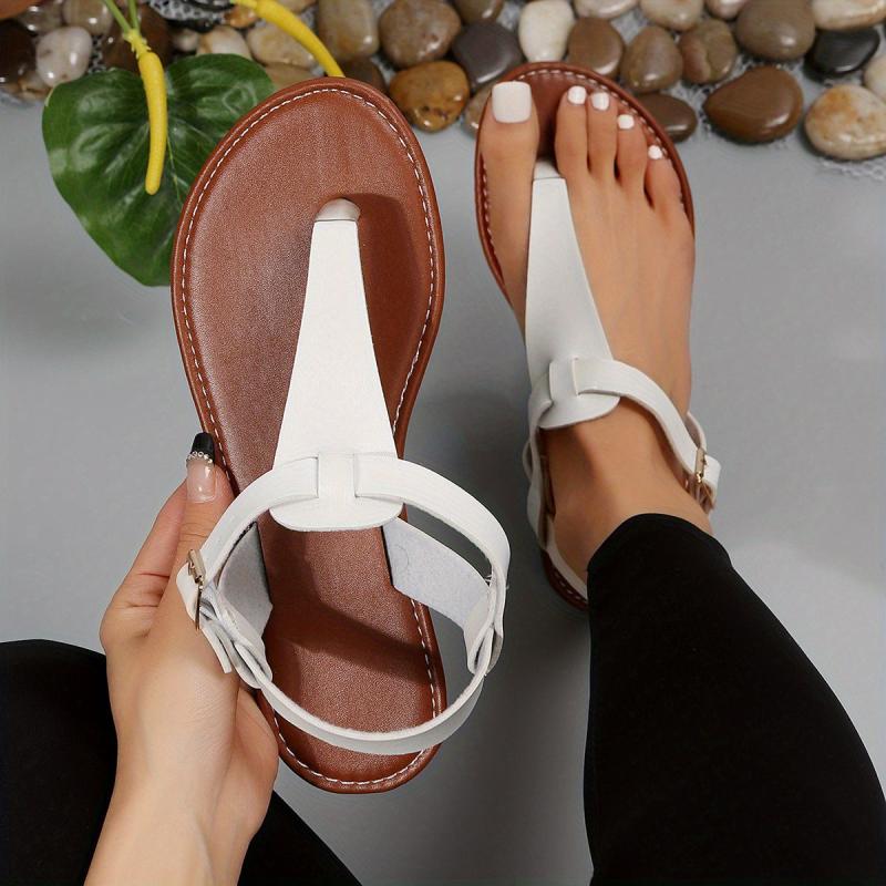 Women's T Strap Sandals Casual Buckle Strap Thong Sandals Flat Beach Sandals