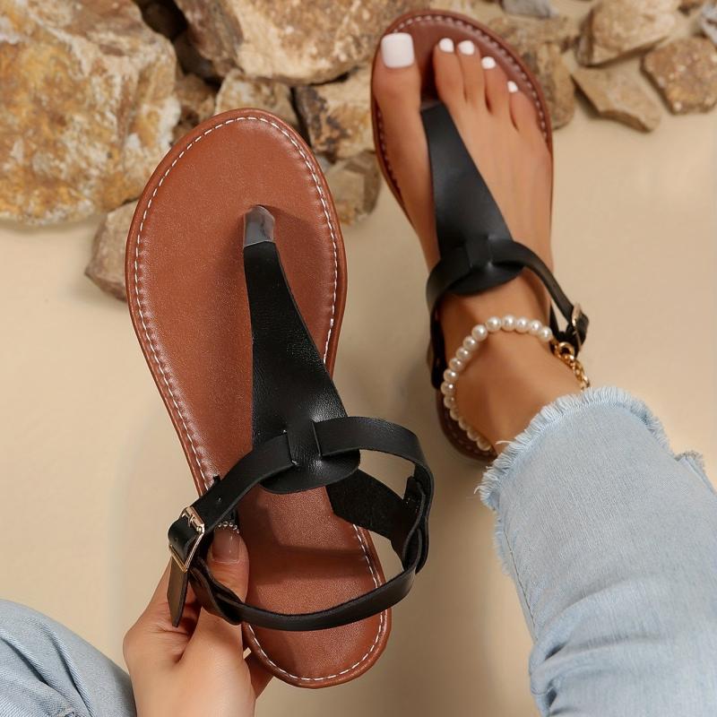 Women's T Strap Sandals Casual Buckle Strap Thong Sandals Flat Beach Sandals