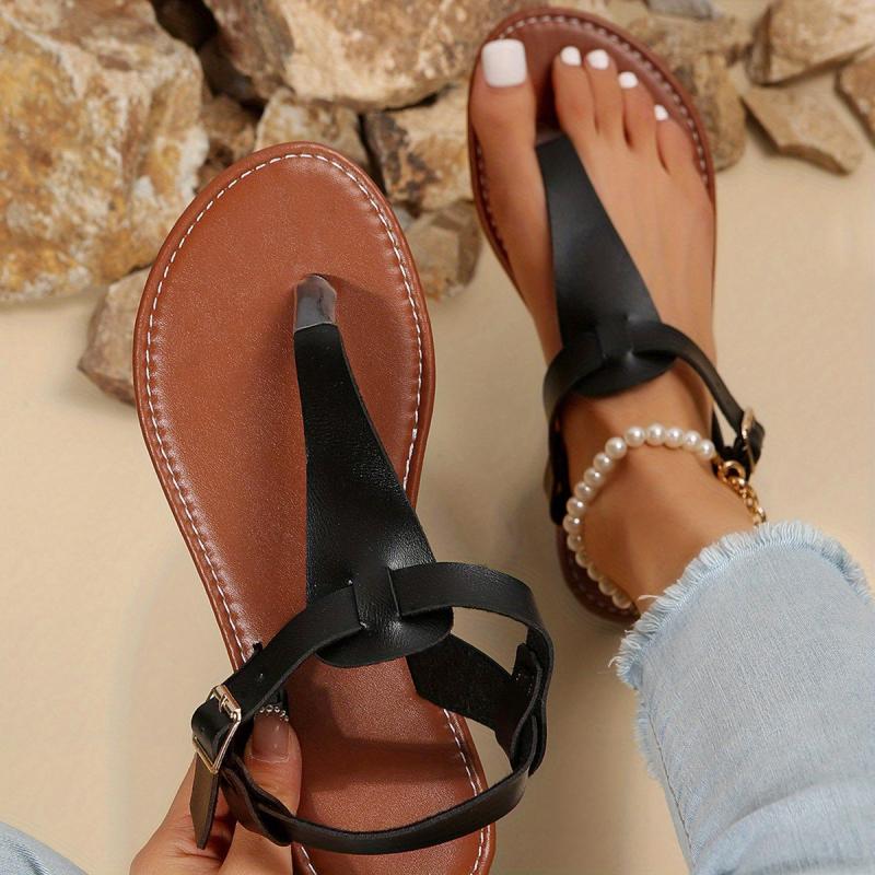 Women's T Strap Sandals Casual Buckle Strap Thong Sandals Flat Beach Sandals