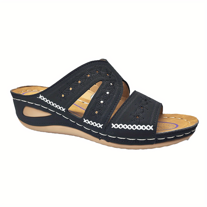 Retro Wedge Heeled Slippers Round Toe Open Toe Slides